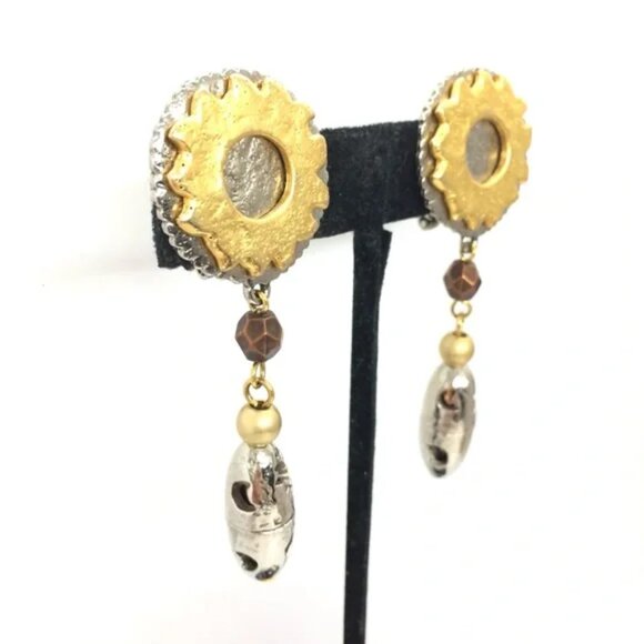 VINTAGE LIZ CLAIBORNE CELESTIAL MIXED METAL DANGLE EARRINGS CLIP ON 80S SUN MOON - Picture 4 of 14